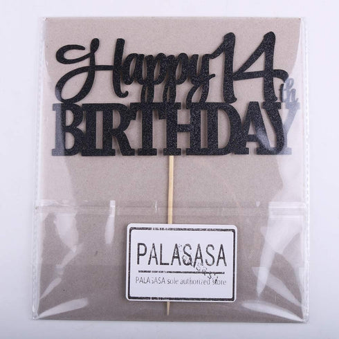 PALASASA Black Glitter Happy 14th Birthday Cake Topper | 14 Anniversary Party Decoration