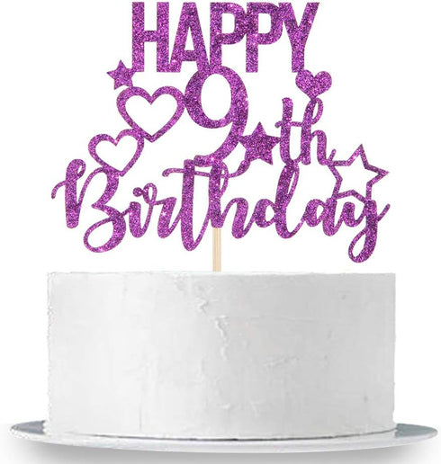 Purple Glitter Happy 9th Birthday Cake Topper for Children's Birthday Party Cake Decorations