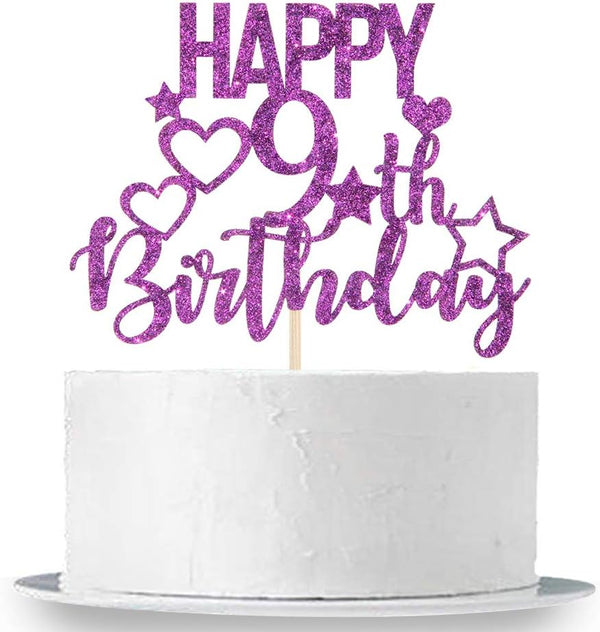 Purple Glitter Happy 9th Birthday Cake Topper for Children's Birthday Party Cake Decorations