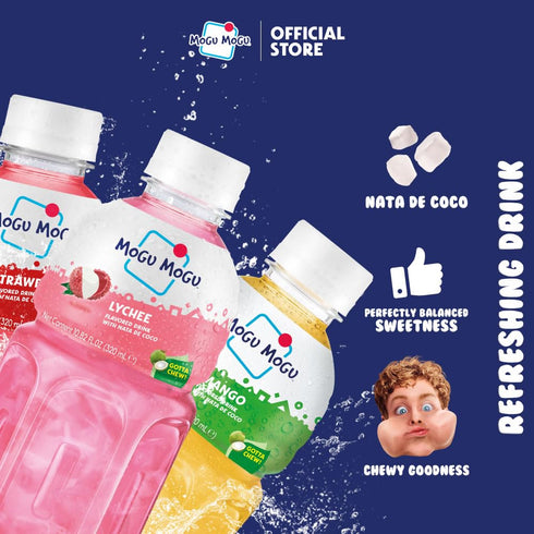 Pack 6 Pack 10.82 oz Mogu Mogu Variety Juice Drink with Nata de Coco (Coconut Jelly) Lychee, Strawberry & Mango, Chewy