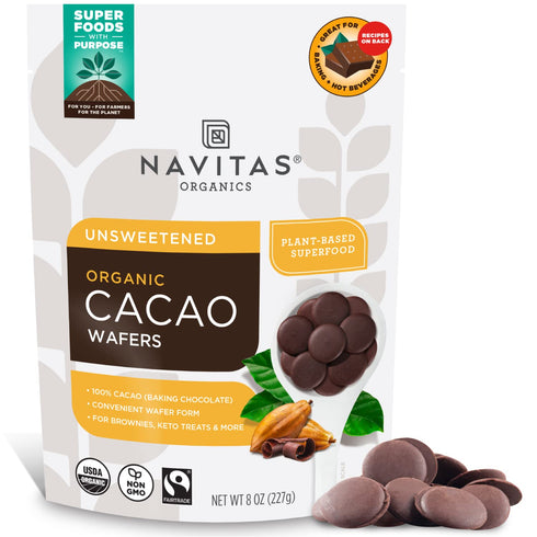 Navitas Organics Cacao Wafers, 8oz, Unsweetened Baking Chocolate, Organic, Non-GMO, Fairtrade, Gluten-Free