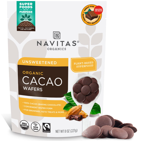Navitas Organics Cacao Wafers, 8oz, Unsweetened Baking Chocolate, Organic, Non-GMO, Fairtrade, Gluten-Free