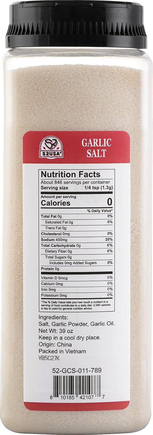 52USA 39 Ounce(1.1 Garlic Salt kg), Garlic Salt Bulk Seasoning, Fine Ground Salt Garlic, No MSG Added, Non-GMO, Kosher