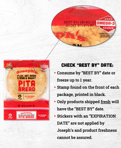 2-Pack, 7g (6 Pack, 18 Joseph's Pita Bread Value Flax Oat Bran and Whole Wheat, Net Carbs per Serving, Fresh Baked per