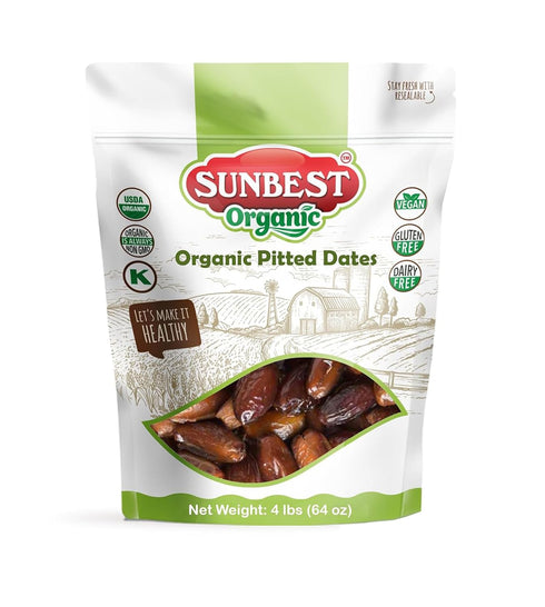 Sunbest Natural Deglet Noor Organic Dates, 4 lbs Pitted & Whole Bulk