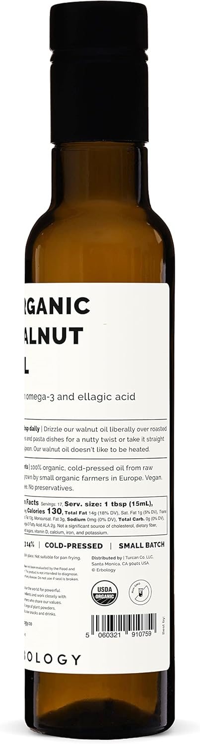 8.5 oz Erbology Organic Walnut Oil fl - Cold-Pressed - Supports Cognitive Health - Straight from Farm - Non GMO - No