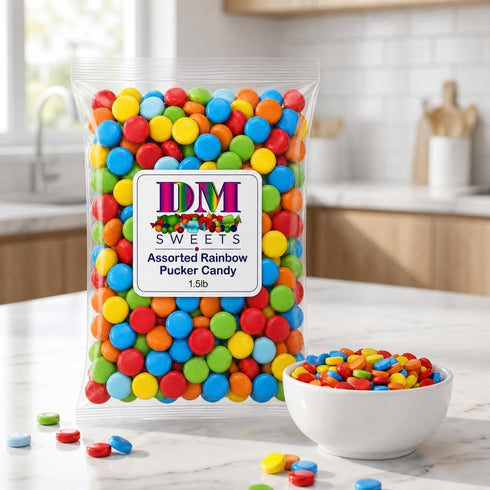 DM Sweets 1.5 lbs Assorted Rainbow Pucker Candy - of Fresh Delicious Sour Fruity Flavored Crunchy Candy. Perfect