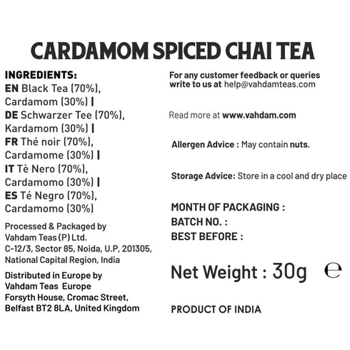 VAHDAM Cardamom Masala Chai Tea Bags (30 Count), Non-GMO, Gluten-Free, No Artificial Flavor, Blended with Exotic