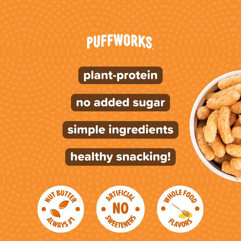 1.2 (Pack 12) Puffworks Original Organic Peanut Butter Puffs, Plant-Based Protein, Healthy Kid's Snack, Gluten
