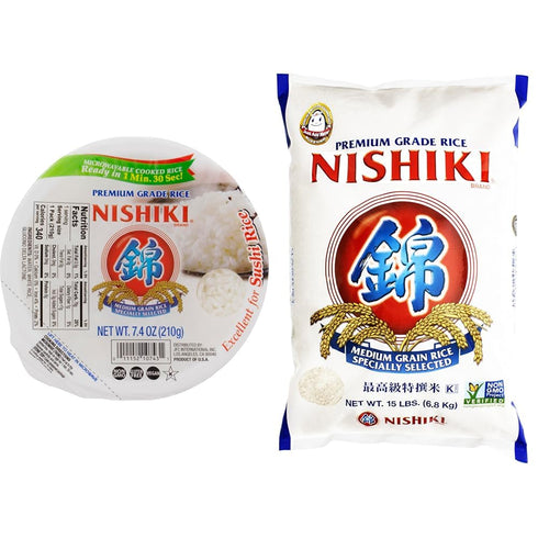 Nishiki Rice Bundle: Steamed White Rice 7.4-Ounce (Pack of 6) and Premium Medium