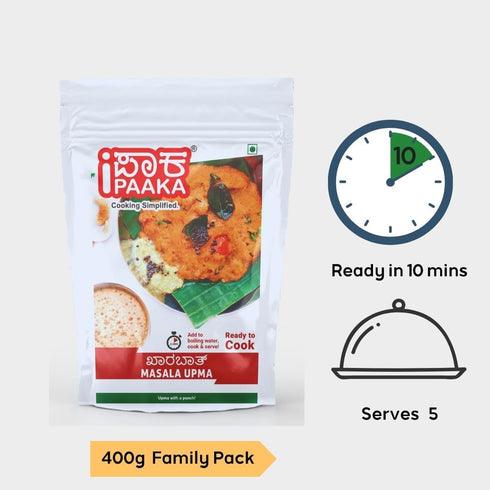 iPaaka 400g, 5 Masala Upma, Instant Breakfast Mix, Kharabath, Ready in Mins, Healthy, Chemcial Free, Just Like Homemade