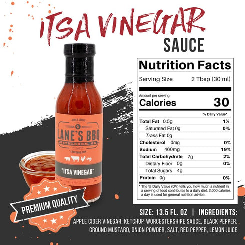 13.5 Oz Lane's Its a Vinegar Barbecue Sauce, Aromatic Carolina Vinegar BBQ Sauce Flavor for Pulled Pork, Marinades