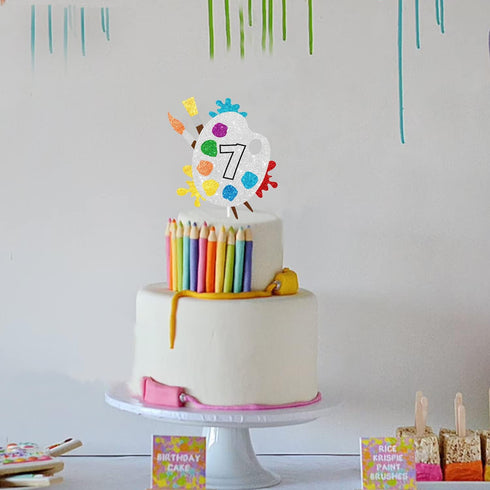 7th Slime Cake Topper - Art Themed Palette Painting Graffi Boy Girl Birthday Party Decorations for Seven Years