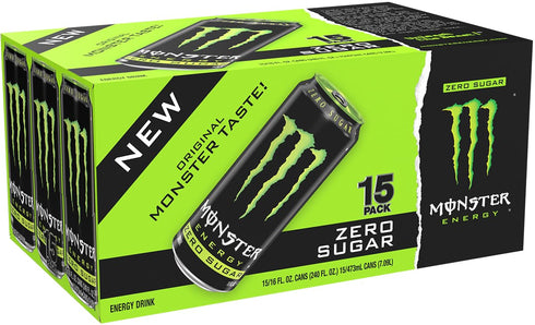 16 (Pack 15), Monster Energy Zero Sugar, Green, Original, Low Calorie Energy Drink, Ounce of Can