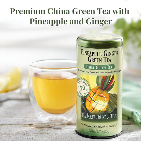 50 The Republic of Tea Pineapple Ginger Daily Green Tea, Tea Bag Tin