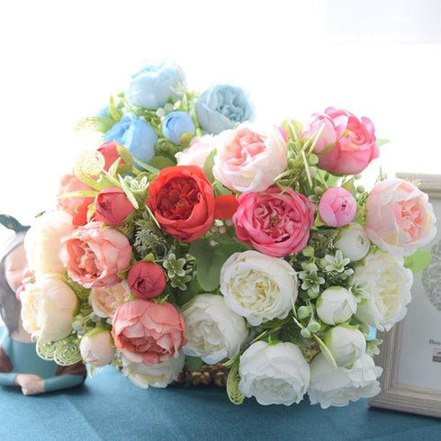 NURCIX 5) Simulation Rose Wedding Bouquet Bouquet Wedding Home Decoration Simulation Flower Small Bouquet Peony (Red