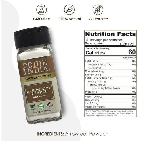 Pride of India Natural Arrowroot Ground Powder, 2oz Dual Sifter Bottle for Sauces & Fritters