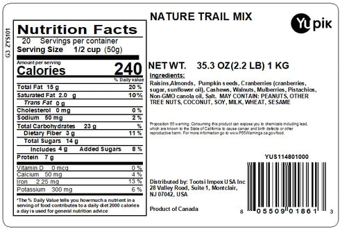 2.2 lbs, Mulberries, Yupik Nature Trail Mix, with Raisins, Almonds, Pumpkin Seeds, Cranberries, Cashews, Walnuts