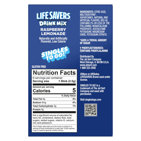 Pack 6-6 36 2 1 Life Savers Raspberry Lemonade Drink Mix - of Sticks Per Box - Total Servings - Flavors in - Powdered