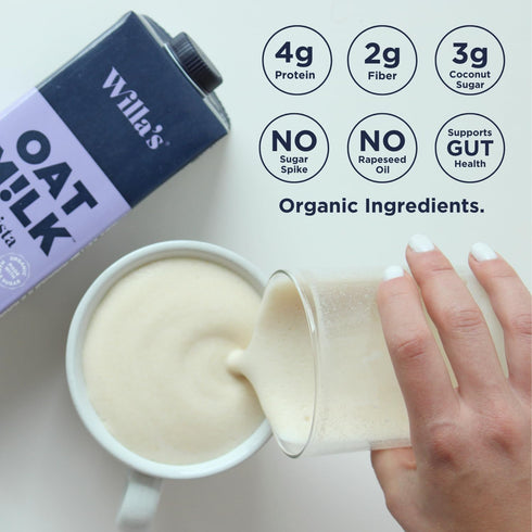 50% 32 oz, Pack 1 Willa's Organic Barista Oat Milk Less Sugar, Non-GMO, Shelf Stable, Non-Dairy, Whole Grain Oats, No