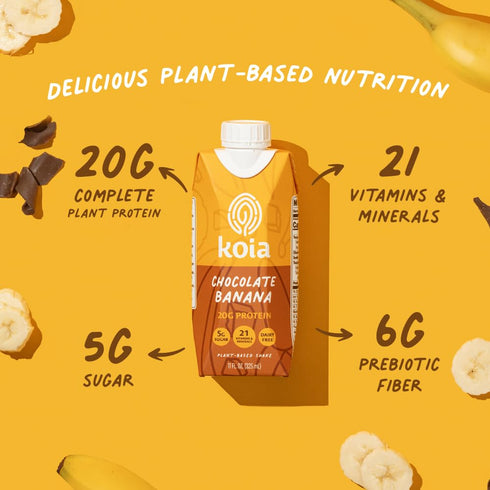 20g 5g 6g 21 11 Oz (Pack 12) Koia Plant Based Protein Shake, Chocolate Banana, Protein, Sugar, Prebiotic Fiber