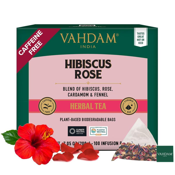 VAHDAM Hibiscus Rose Tea Bags - 100% Whole Hibiscus Flowers Herbal Tea Bags (100 Count) with Rose, Chamomile & Spices
