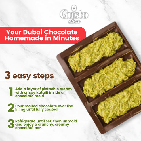 30% 35 oz (1kg), GUSTO ETNA Dubai Pistachio Chocolate Bar Filling- Pistachio Cream with Crispy Kataifi Pistachios