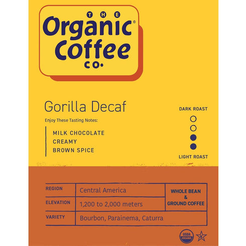2LB (32 Organic Coffee Co. Gorilla Decaf Whole Bean Coffee Ounce) Medium Light Roast Natural Water Processed