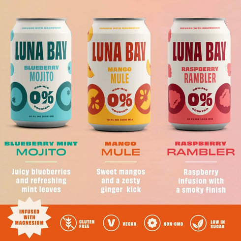 Pack (12 Pack, 12 oz Luna Bay Zero Percent Tea Mocktail - Sparkling Tea Non-Alcoholic Beverage, Non-GMO, Vegan