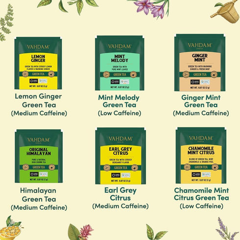 Pack (36 6 VAHDAM, Green Tea Variety Sampler Assortment Pyramid Tea Bags, Flavor) | Non-GMO Project Verified Himalayan