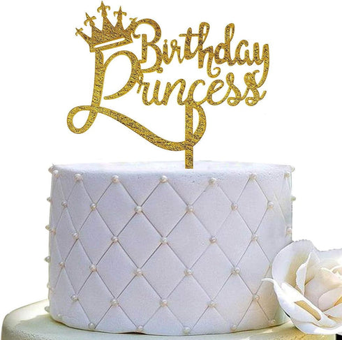 Happy Birthday Princess Cake Topper, Gold Glitter Acrylic for Princess Birthday Cake Party Decorations
