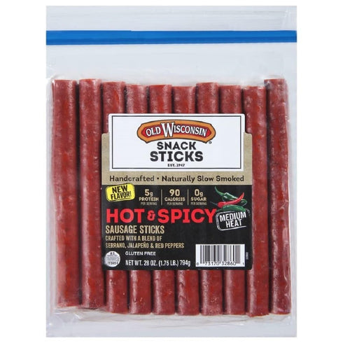 Old Wisconsin Hot & Spicy Sausage Snack Sticks, Naturally Smoked, Ready to