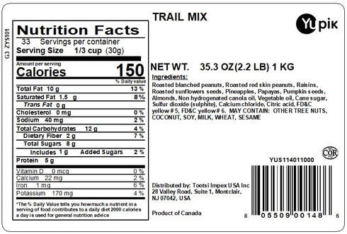 2.2 lb (35.2 oz), Yupik Trail Mix, A Blend of Peanuts, Raisins, Sunflower Seeds, Pineapples, Papaya, Raisins, Pumpkin