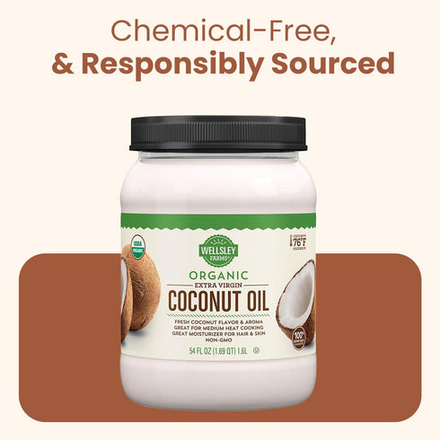 Wellsley Farms 100% 54 oz (1 Pack) Organic Extra Virgin Coconut Oil - Unrefined, Pure & Natural - Vegan, Non-GMO