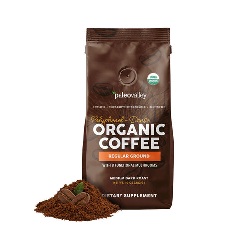 Paleovalley Organic Ground Coffee, 10oz - Regular, Low Acid, Single-Origin, Polyphenol-Rich, Infused