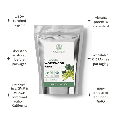 2 oz. (57g), Elanen Naturals Organic Wormwood Herb USDA Certified Organic Artemisia absinthium, Wormwood Herb Tea, Worm