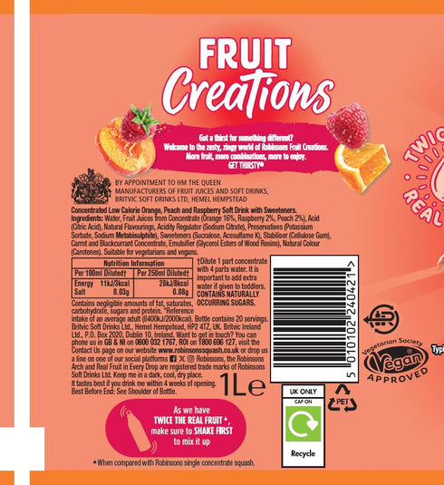 Robinsons 1 (Pack 3) Fruit Creations, Real Fruit Squash, Low Calorie, Delicious Peach and Raspberry, Litre