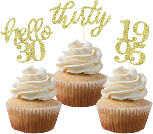 24 Pcs Gold Glitter 30th Birthday Cupcake Toppers for 30th Anniversary Party Wedding Decorations