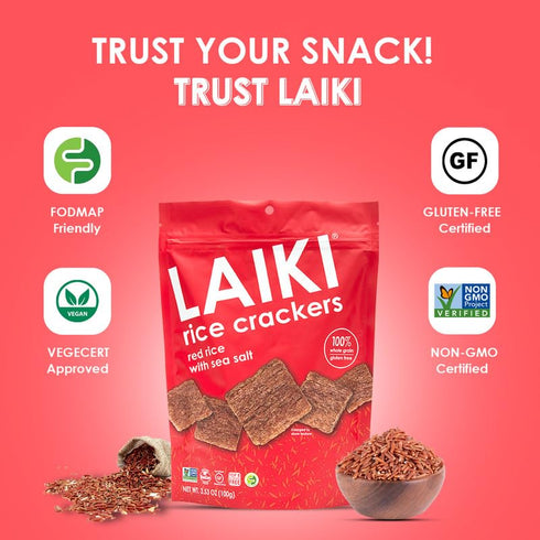 LAIKI Gluten Free Rice Crackers, Red Rice, Resealable 3.53 Ounce Bag