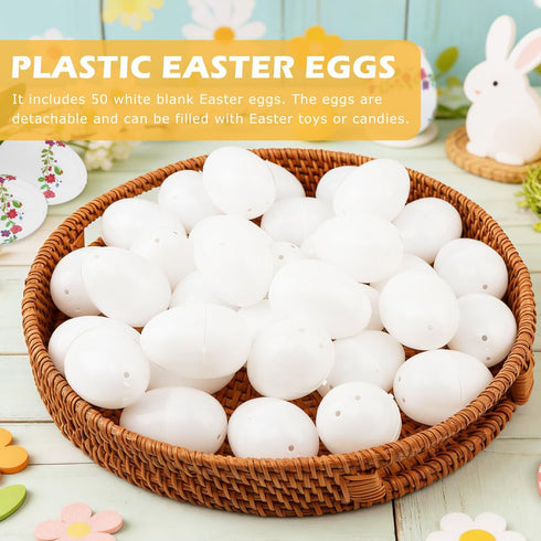 Qirvaten 50Packs Set,Blank Empty Easter Eggs & Decorative Gold Cord & Stickers White Plastic Egg,Fillable Empty DIY