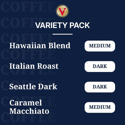 Pack 96 Count, Victor Allen's Coffee Variety (Hawaiian Blend, Italian Roast, Seattle Dark, Caramel Macchiato), Single