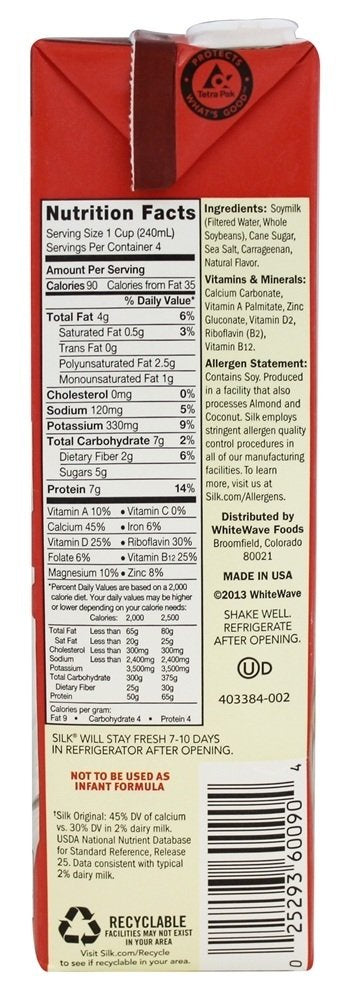 32 Oz Silk Lactose Free Plain Organic Soymilk