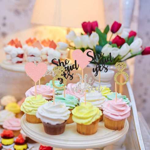 Donoter 48 Pcs He Asked She Said Yes Cupcake Toppers, Diamond Ring Heart Cake Picks for Wedding Party