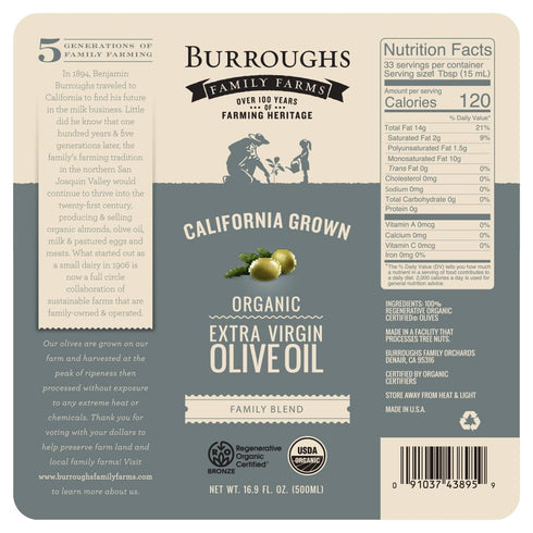 500ml (16.9 oz) Burroughs Family Farms Premium Organic Extra Virgin Olive Oil Cold-Pressed California EVOO, Polyphenol