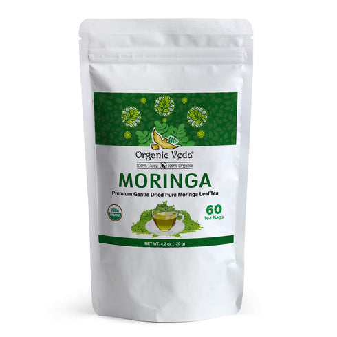 Organic Veda Moringa Tea Bags - 100% Pure Organically Grown Moringa Powder, Rich in Vitamins, 60 Tea Bags
