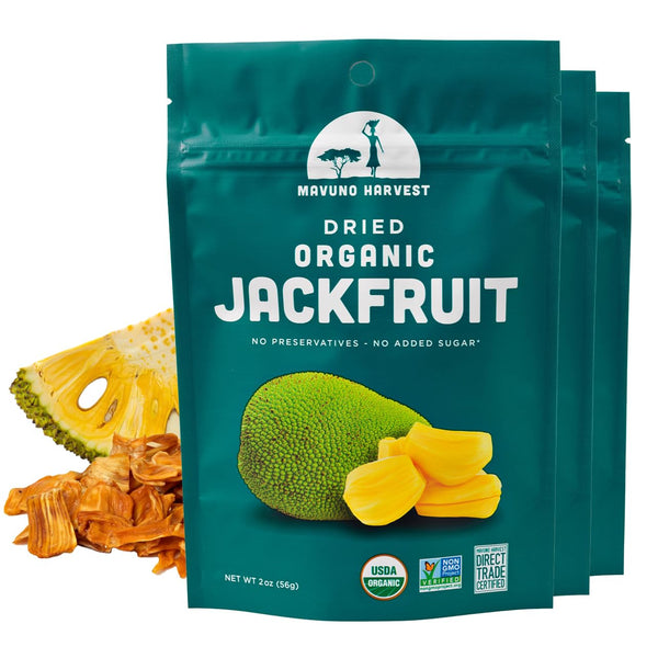 Mavuno Harvest Jackfruit Dried Fruit Snacks, Organic Dried Jackfruit Chips, Gluten Free, 2 Ounce, Pack of 3
