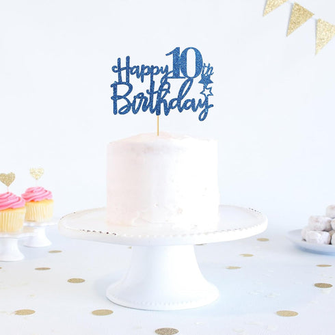 Royal Blue Glitter Happy 10th Birthday Cake Topper, Cheers to 10 Years Party Supplies