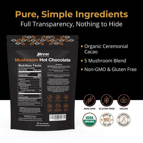 5 (30 Inner Elevate Mushroom Hot Chocolate Superfood - Ceremonial Cacao with Mushrooms (Lion's Mane, Cordyceps, Chaga