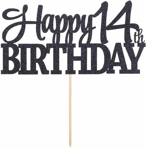 PALASASA Black Glitter Happy 14th Birthday Cake Topper | 14 Anniversary Party Decoration