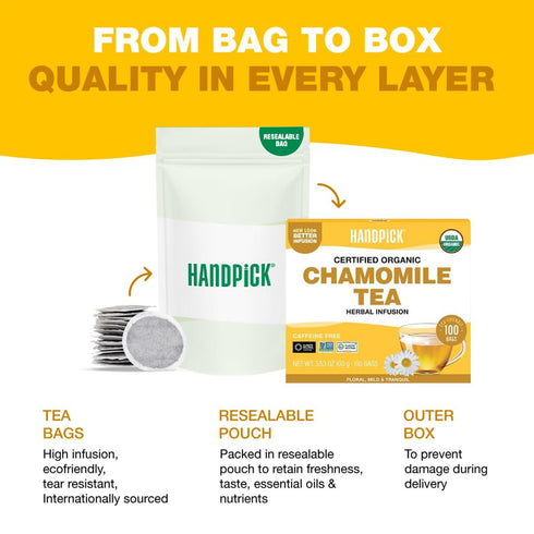(100 HANDPICK, Organic Chamomile Tea Bags Herbal Tea Bags) Caffeine Free| Premium Floral Chamomile Herbal Tea